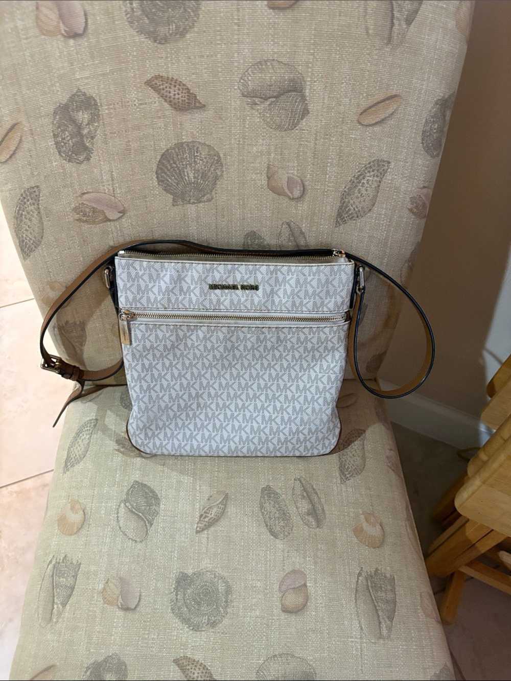 Michael Kors White and Brown MK Signature Crossbody Bag